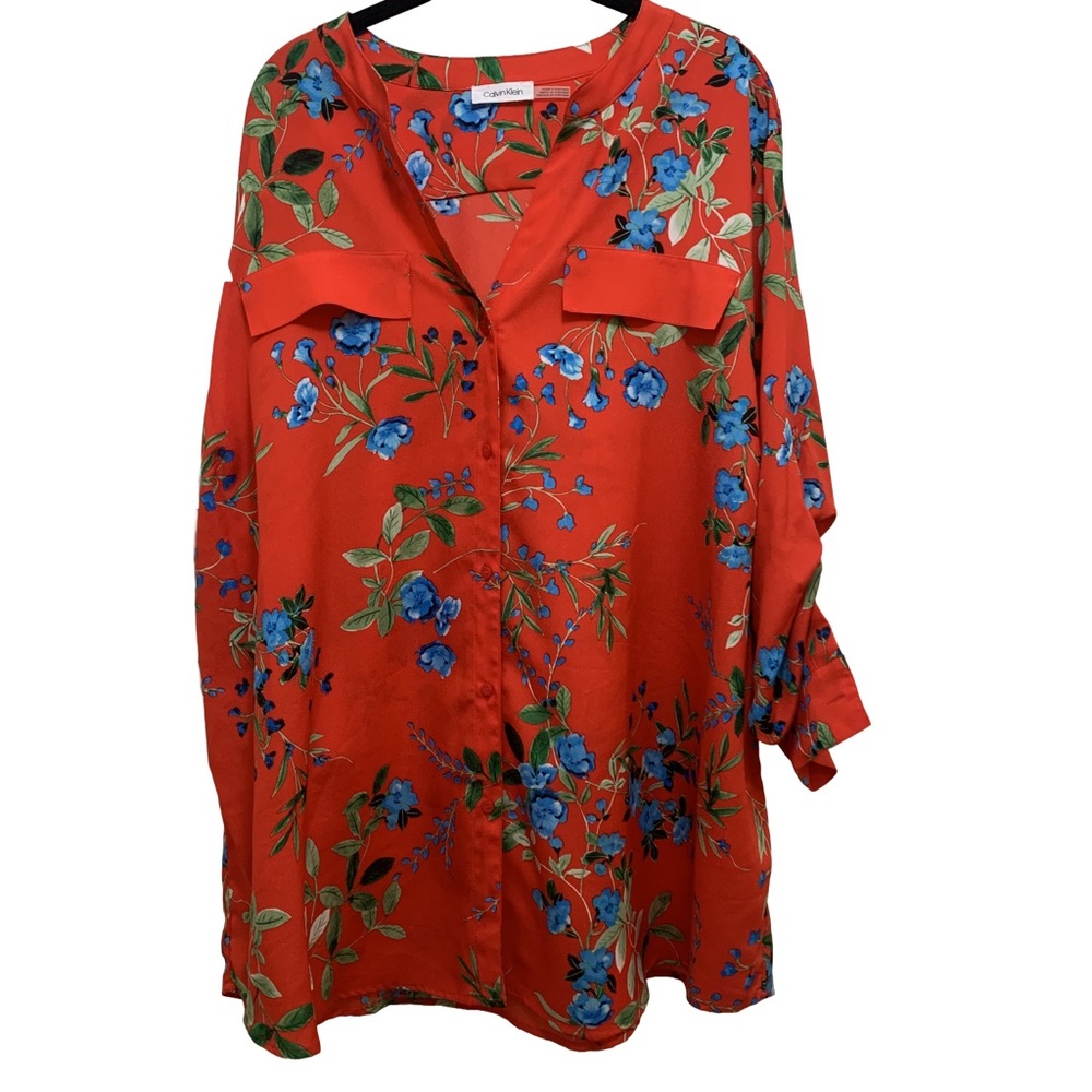 Calvin Klein Women's Red Blue & Green Floral Button Down Tunic Shirt- Size 3x